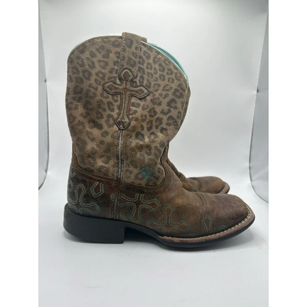 Ariat Crossroads Youth Size 12 Cowgirl Boots Leather Leopard Cheetah Cross